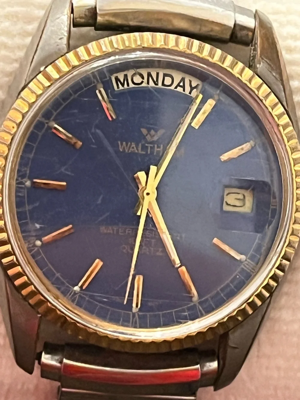 Waltham: Vintage Day/Date Watch Blue Face: Scratched Crystal- See Pics New Batt